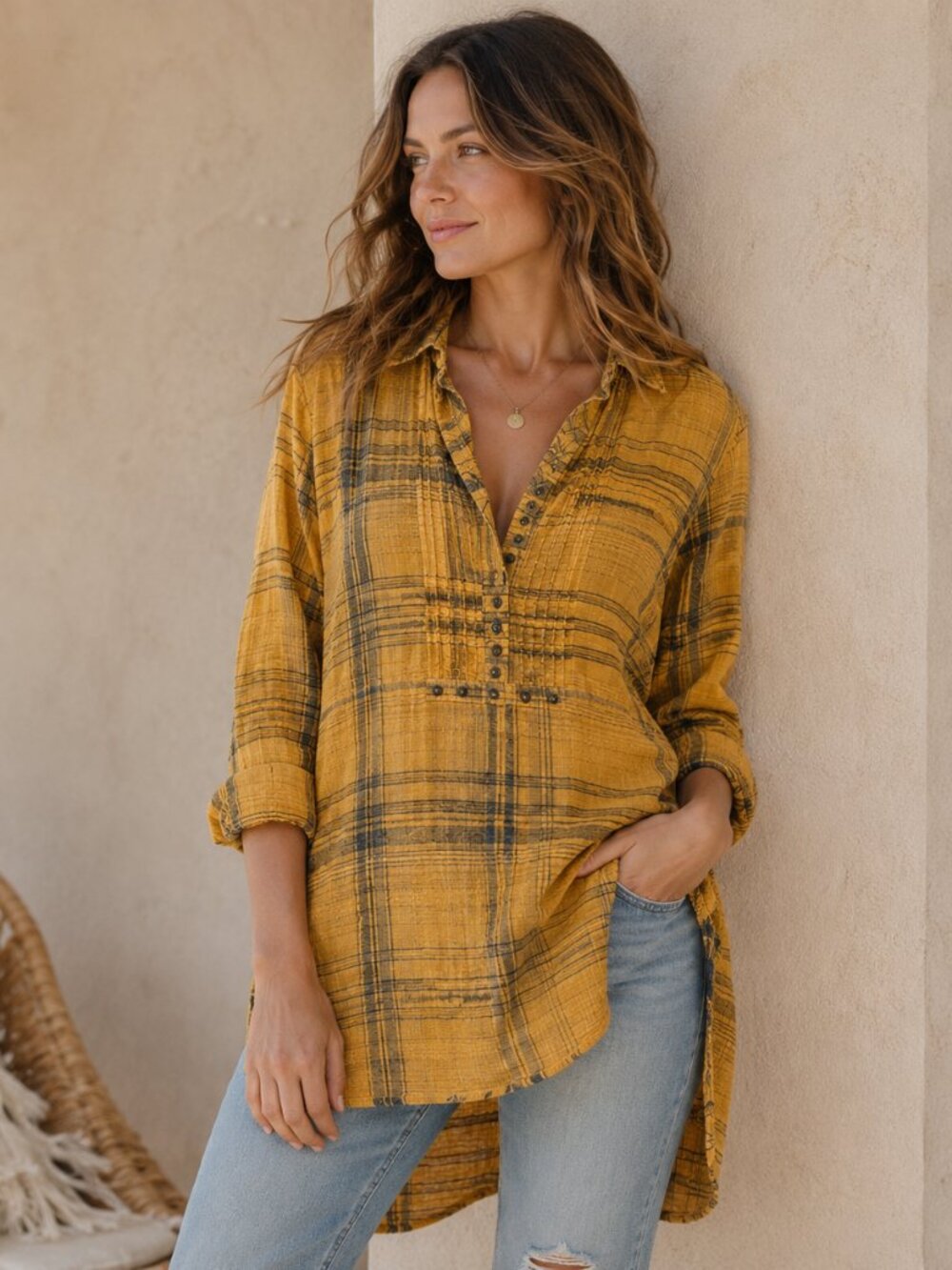 Pilcro Anthropologie Mustard Plaid Cotton Gauze Tunic Shirt Small Boho Top